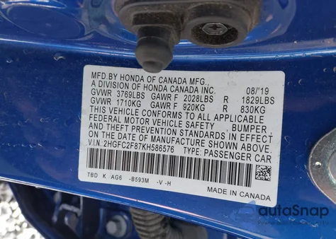 2019 Honda Civic Sport from USA, damaged, VIN 2HGFC2F87KH586576